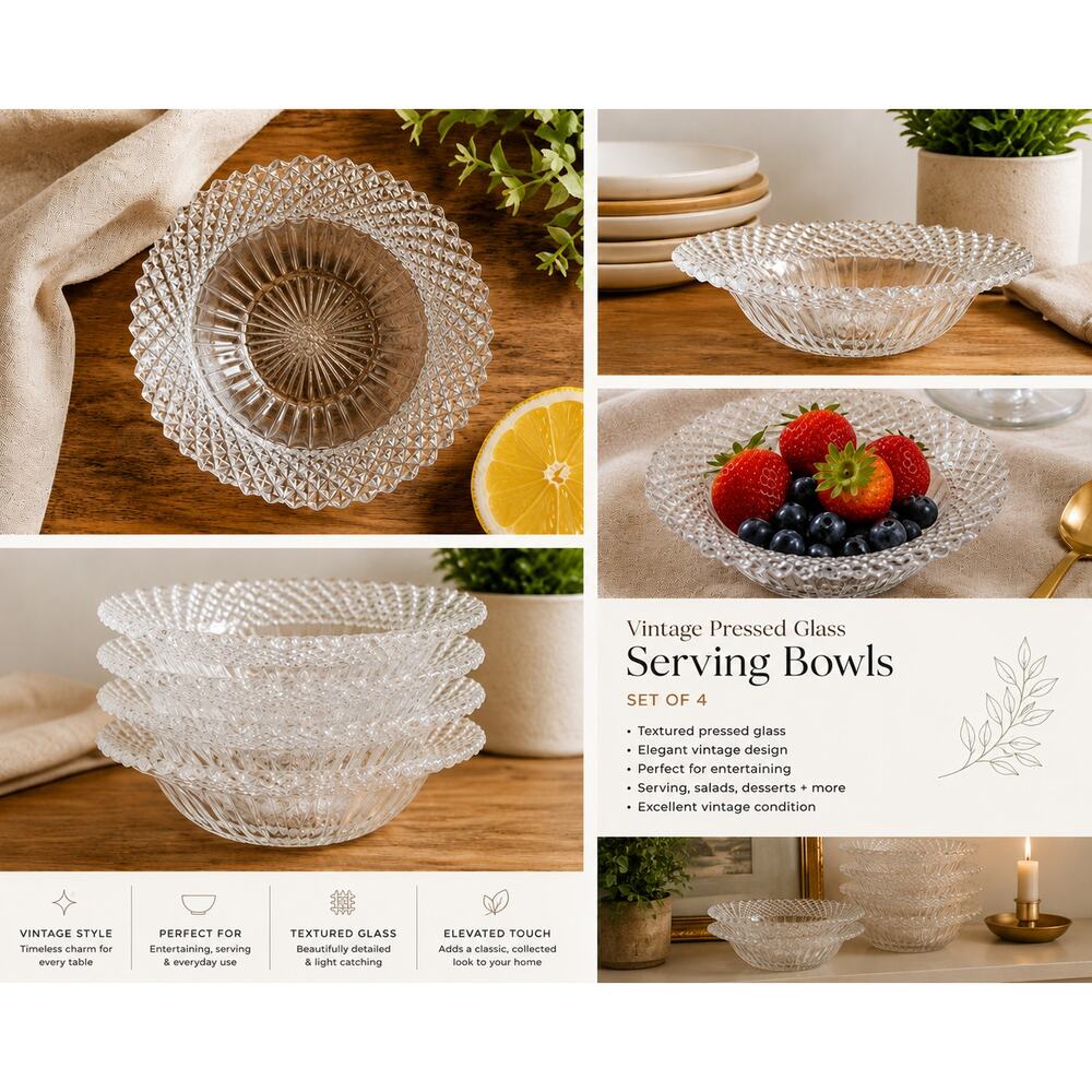 Vintage Pressed Glass Serving Bowls Textured Clear Glass‎ Set of 4 ✨